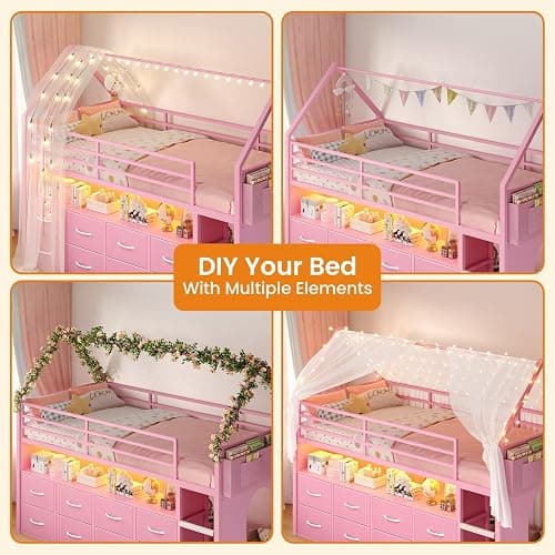BTHFST Twin Size Loft Bed for Kids, 8 Storage Drawers & LED Lights, House Shaped Metal Bed with Bookcase, Soft Foam Ladder, 13.4" Safety Guardrail, Space Saving, Fun Curtain thumbnail 6