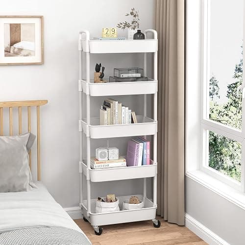 Sywhitta 5-Tier Plastic Rolling Utility Cart with Handle, Multi-Functional Storage Trolley for Office, Living Room, Kitchen, Movable Storage Organizer with Wheels, White thumbnail 5