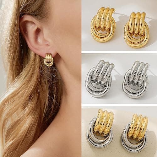 SHERLOVE Trendy Gold Plated Knot Earrings for Women Chunky Statement Drop Dangle Earrings Lightweight Hypoallergenic Fashion Accessories Gold Jewelry Gifts for Womens thumbnail 6