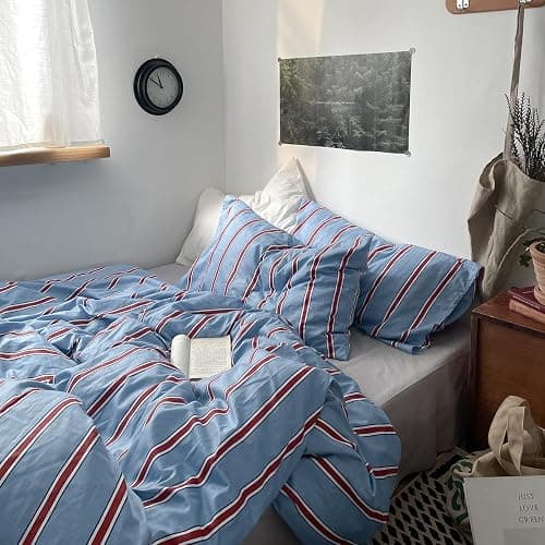 mixinni Vintage Striped Blue Duvet Cover Queen - 100% Cotton Red Stripes 3-Piece Bedding Duvet Cover Set with Zipper Closure, Soft & Breathable Retro Design for All Seasons (Queen Size) - Image 1