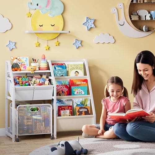 LATIBELL Kids Bookshelf Toy Storage Organizer & 2 Bins，3 Tier White | Kids Bookcase Equipped With Movable Drawer And 2 Toy Bins, Storage Organizer For Bedroom, Playroom And Classroom thumbnail 6