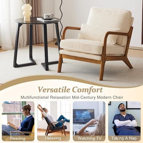 VINGLI Upgraded Premium Corduroy Accent Chair,Upholstered Arm Chair,Solid Wood Comfy Reading Chair with Lumbar Pillow, Mid Century Modern Chairs for Living Room,Bedroom,Guest Room,Beige thumbnail 7