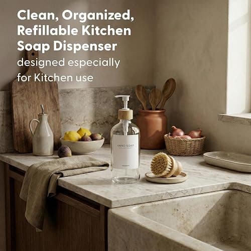 MaisoNovo Glass Dish Soap Dispenser for Kitchen Sink Set of 1-500 ml Dish and Hand Soap Dispenser Set for Kitchen - Clear Glass Bottle with White Bamboo Pump x 1 thumbnail 3