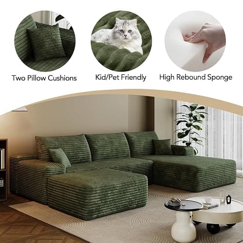 inoevl 107.7" Boneless Sectional Couch Modern Modular U - Shape Corduroy Upholstered Sofa for Living Room - Deep Seat with Chaise and Ottoman(Green, 2 Seater+Right Facing Chaise+Ottoman) thumbnail 4