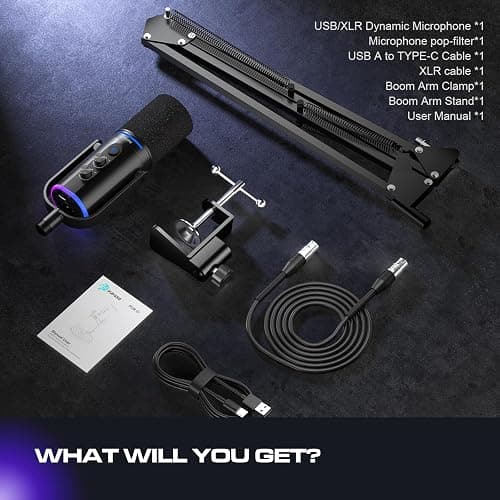 P PUPGSIS XLR/USB Podcast Microphone, Gaming Mic with Mute Button, Reverb Effects, Noise Cancellation, Boom Arm Stand, Headphones Jack, Dynamic Microphone for Streaming/Recording/Gaming/Vocal-Black thumbnail 8