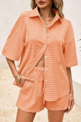 Tankaneo Womens Striped 2 Piece Sets Short Sleeve Button Down Shirt and Shorts Waffle Knit Pajama Lounge Set Summer Outfits thumbnail 5