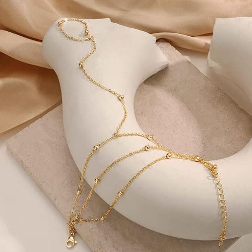 Picuzzy 14k Gold Plated Hand Chain for Women,Trendy Ring Bracelet Hand Chain Non Tarnish Beaded Cubic Zircon Infinity Finger Ring Slave Bracelet Stack Jewelry Gifts for Women thumbnail 7