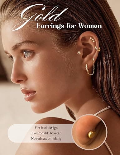 Florideco Flat Back Earrings Hypoallergenic Surgical Steel Earrings for Women Trendy Cartilage Chain Hoop Earring Studs 14K Gold Plated Star Heart CZ Flatback Stud Earring Sets for Multiple Piercing thumbnail 4