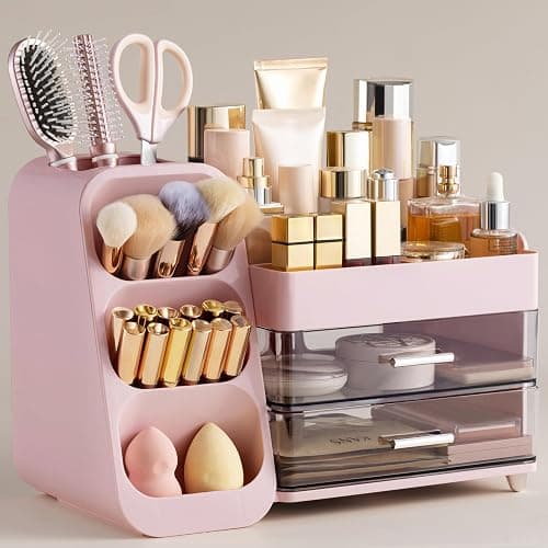 HBlife Makeup Organizer with Brush Holder for Vanity, Large Plastic Bathroom Countertop Organizer Skin Care Storage, Easy to Store Lipsticks, Nail Polishes, Perfumes, Eyeshadow Palettes, Pink - Image 1