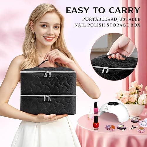 DreamGenius Nail Polish Organizer Case Holds 42 Bottles, Portable Double-Layer Nail Polish Storage Bag with Adjustable Dividers for Manicure Tools, Black thumbnail 5