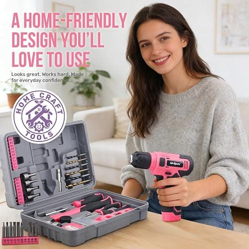 Hi-Spec 8V Cordless Drill Set & Tool Kit for Women – Ladies Complete Rechargeable Electric Power Drill Driver with Starter Tools, Compact Hand Toolbox, Pink, Ideal for Home Projects thumbnail 7
