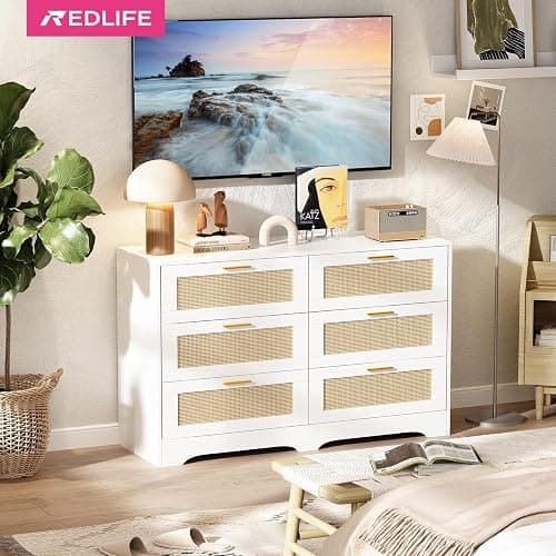 Redlife White Rattan Dresser for Bedroom, 6 Drawer Dresser with Golden Handles, Wood Storage Chest of Drawers for Closet, Living Room, Hallway and Entryway - Easy Assembly thumbnail 9