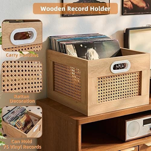 LELELINKY Vinyl Record Storage Crate, Rattan Wooden Record Crate for Vinyls, Vinyl Record Holder with Handle, Multifunctional Records Stand Holder Vinyls Organizer for 75 LPs, Natural thumbnail 6