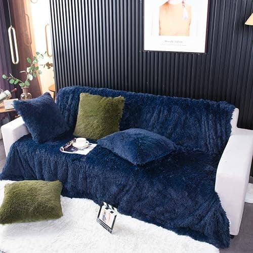 YUSOKI Long Faux Fur Twin Size Blanket,2 Layers,3.4lb for Bed Couch Home Décor Gifts Men (Navy Blue,60" x 80") thumbnail 5
