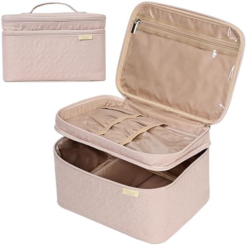 NISHEL Large Double Layer Travel Makeup Bag Women, Cosmetic Case, Organizer for Travel-Size Accessories Bottles, Brushes, Conditioner, and Skin Care Products, Pink - Image 1