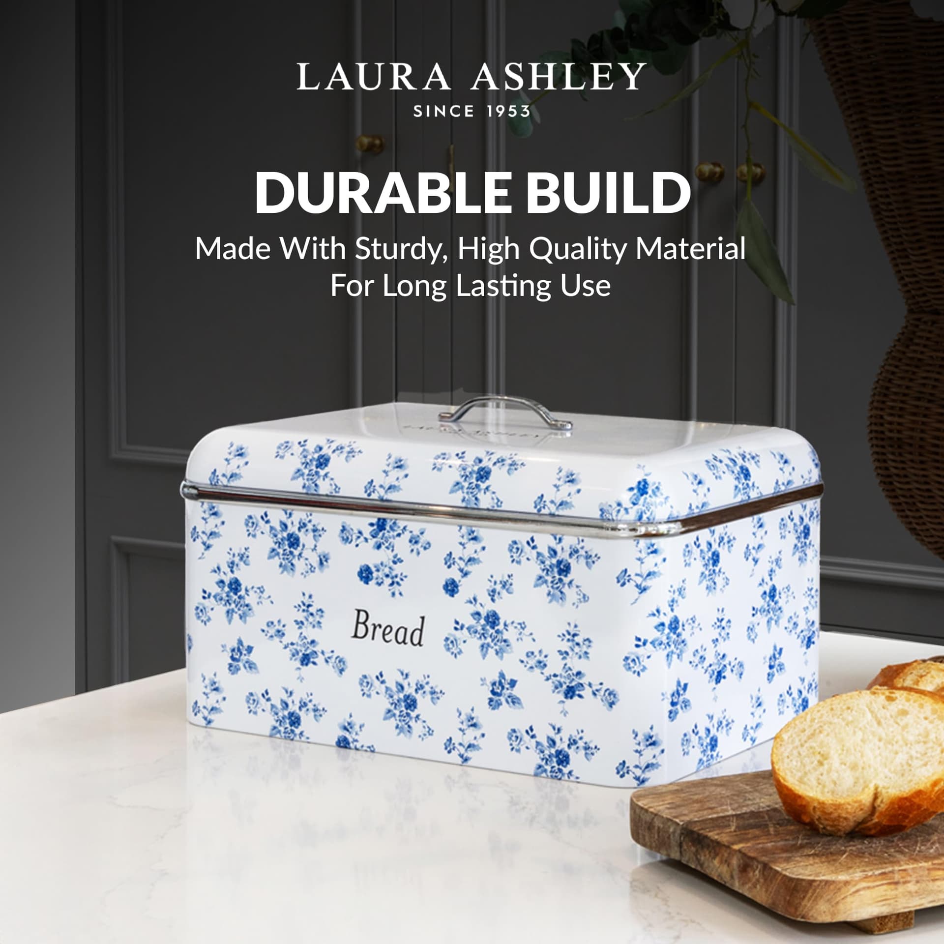 Laura Ashley Bread Storage Box with Lid by VQ - Large Bread Bin for Kitchen with Removable Lid - Easy to Clean Stainless Steel Bread Box with Hand-Applied Designer Print - China Rose thumbnail 7