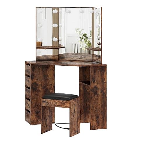 Knowfunn Corner Vanity Desk Set with 3-Folding Lighted Mirrors, Makeup Vanity Table with Charging Station, 5 Rotating Drawers and Storage Bench for Bedroom, Rustic Brown thumbnail 7