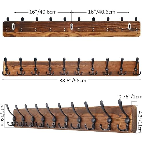 SKOLOO Rustic Large Coat Rack Wall Mount-38.6'' Long Coat Rack for Wall, Wood Coat Rack Hook, Farmhouse Coat Hanger Wall Mount for Hanging Jacket Coat - 1 Item-10 Hooks - Brown Plate & Black Hook thumbnail 6