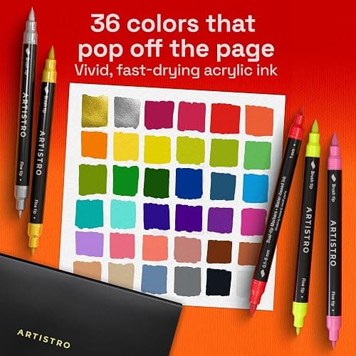 ARTISTRO 36 Acrylic Paint Markers - Paint Pens for Drawing, Brush + Fine Tips - For Fabric, Rock, Glass, Wood, DIY, Eggs - Art & Craft Supplies for Adults, Teens, Kids - Easter Basket Stuffers thumbnail 2
