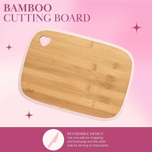 Paris Hilton Bamboo Cutting Board for Kitchen, Reversible Cutting Board and Cutlery Set with High Carbon Stainless Steel Knives and Blade Guards, Comfortable Handle Grips, 7-Piece Set, Gold and Pink thumbnail 7