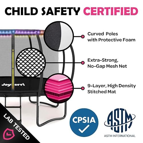 JoyBerri Trampoline Outdoor - ASTM Certified Safe, 8Ft, 10Ft, 12Ft, 14Ft, 15Ft, 16Ft Recreational Trampoline for Kids and Adults. Anti-Rust Coating with Enclosure Net, Ladder, Sprinkler & LED Lights thumbnail 2