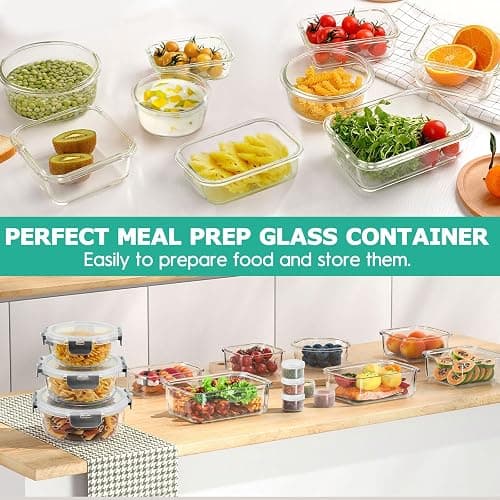 34pcs Glass Food Storage Containers with Lids Set, Airtight Glass Meal Prep Containers (17 Containers & 17 Lids), Leak Proof Lunch Container BPA-Free, Microwave, Oven, Freezer, Dishwasher Safe-Grey thumbnail 6