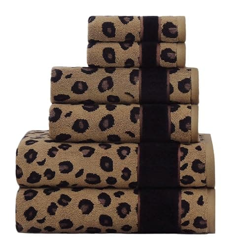 COTTON CRAFT 6 Piece Towel Set - 100% Cotton Animal Print Safari Towels | Soft Absorbent Leopard Cheetah Jacquard Bathroom Towels - 2 Bath Towel, 2 Hand Towel, 2 Washcloth Decorative Guest Towels - Image 1