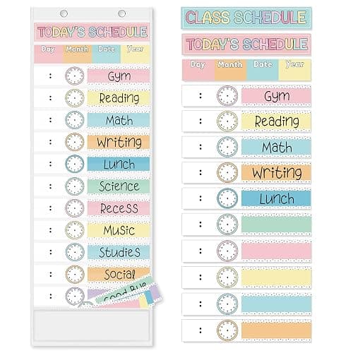 JarThenaAMCS Pastel Daily Schedule Pocket Chart 13 x 35.5 In Colorful 13 + 1 Pocket Visual Schedule Chart Board with 24 Card for Classroom Home Office Supplies - Image 1