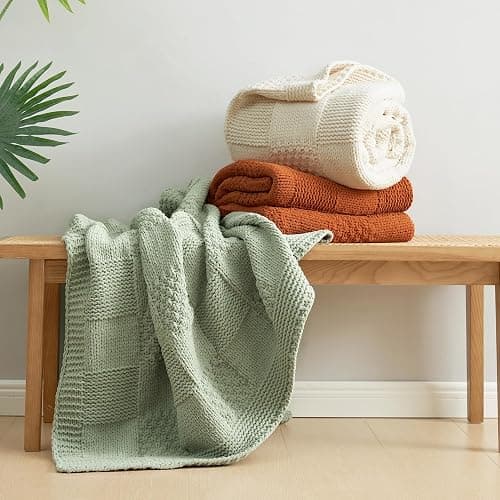 Amélie Home Checkered Chenille Knit Throw Blanket for Couch, Classic Texture Decorative Soft Blanket for Sofa, Chair & Bedroom, 50"x60", Ivory thumbnail 5