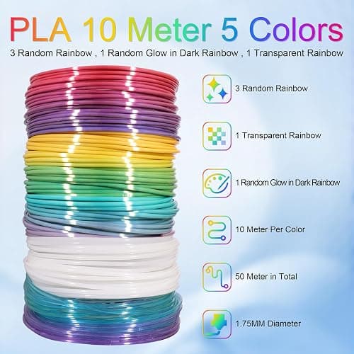 MIKA3D 5 Colors 3D Printing Pen Filament Refill, Each 10m, One Glowing in Dark PLA, One Clear Rainbow, 3 Different Color Silk Rainbow PLA, Total 50m 3D Printer Filament Sample Pack thumbnail 4