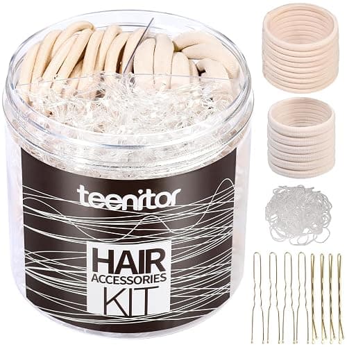 Teenitor Hair Accessories Kit for Woman & Girls: 500pcs Elastic Hair Bands; 30pcs Ponytail Holders, 30pcs Seamless Thick Hair Bands; 40pcs Bobby Hair Pins (Beige) - Image 1