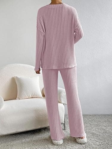Famulily Womens Pyjamas Set Nightwear, Ladies Ribbed 2 Piece Outfits Loungewear Sets Leisure Suits Homewear V Neck Long Sleeve Jumpers and Wide Leg Trousers with Pockets thumbnail 3