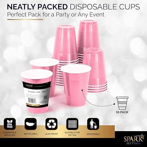 Amcrate Disposable Cups, Pink 18-Ounce Plastic Party Cups, Strong and Sturdy for Wedding, Christmas, Halloween, 100 Pack thumbnail 3