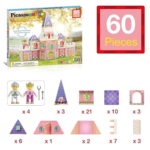 PicassoTiles 60pc Magnetic Tile Princess Castle Building Set with Double Sided Printed Tiles 2 Character Figures STEM Educational Toy Kit for Kids Pretend Play Montessori Learning Ages 3 to 8 PTQ04 thumbnail 4
