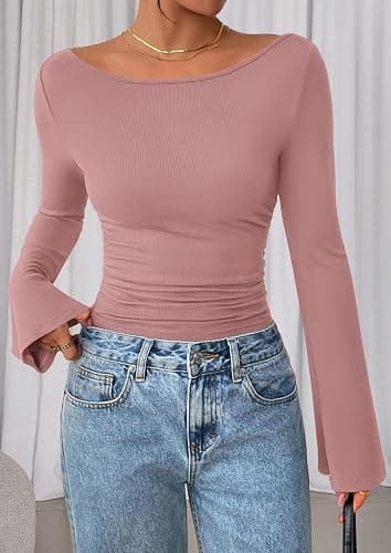 PRETTYGARDEN Women's Long Sleeve Shirts 2025 Fall Crop Going Out Tops Casual Boat Neck Bell Sleeve Ribbed Ruched Y2K Clothes thumbnail 8