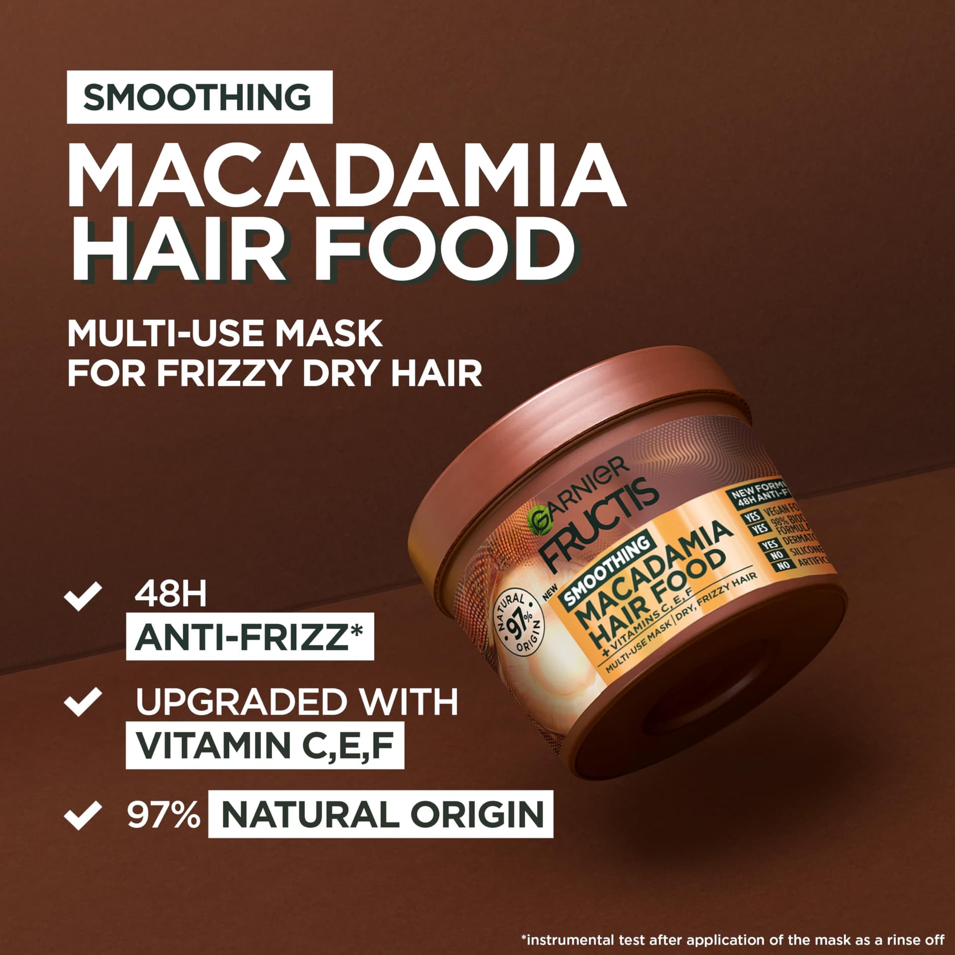 Garnier Fructis Hair Food Smoothing Macadamia 3-in-1 Hair Mask Treatment, Frizz Control for Dry Hair - Vegan, 98% Natural Origin, Silicone-Free, Tames and Softens Hair for a Smooth Finish, 390ml thumbnail 4