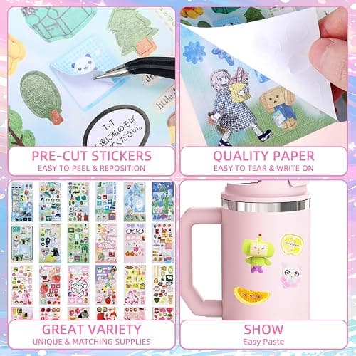 800Pcs Cute Scrapbook Stickers Travel Y2k Japanese Sticker Book for Adult Kawaii Korean Stickers for Journaling Heisei Retro Aesthetic Sticker Manga Style Decor for DIY Junk Journal Gifts Pink Blue thumbnail 3