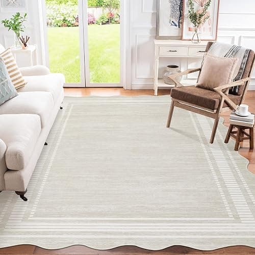 GarveeHome Scalloped Christmas Rugs 8x10 Washable Area Rugs for Living Room, Modern Bordered Solid Rug for Bedroom, Scalloped Non-Slip Stain Resistant Carpet for Dining Room Farmhouse Dorm, Cream thumbnail 9