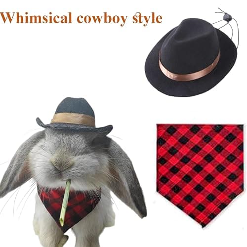 Cute Rabbit Cowboys Hat and Scarf Set, Funny Rabbits Pet Cowboy's Hat Scarf Outfits, Rabbits Dog Cat Pets Halloween Costume Hats Clothes Bunny Stuff Gifts Bunny Accessories (Black-Red Suit) thumbnail 6