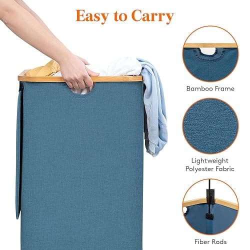 Lifewit 100L Laundry Basket with Lid, Clothes Hampers for Laundry with Bamboo Handles and A Removable Bag, Large Foldable Laundry Hamper for Bedroom, Bathroom, Dorm, Laundry Room, Dark Blue thumbnail 5