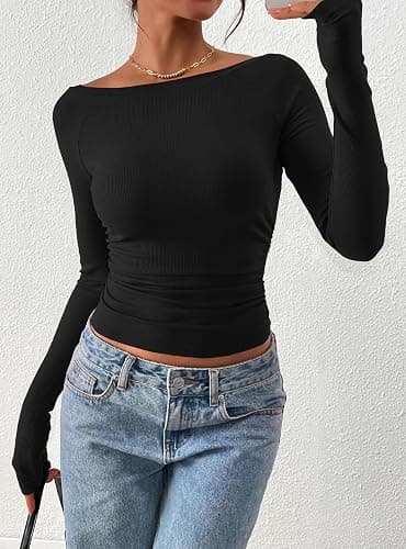 PRETTYGARDEN Long Sleeve Shirts for Women 2025 Fall Ruched Sides Boat Neck Basic Tee Casual Fitted Ribbed Knit Crop Tops thumbnail 4