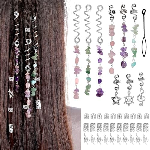 40Pcs Natural Colored Crystal Stone Hair Accessories, hoyuwak Metal Hair Charms, Silver Loc Dreadlock Spirals, Cuffs & Rings for Women's Hairstyles - Image 1