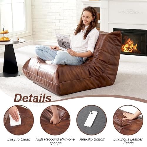 Hobestluk Giant Bean Bag Chair Lazy Floor Sofa, Memory Foam Fireside Sofa for Adults, Big Beanbag Faux Leather Armless Chair for Living Room Bedroom Dorm Office (Brown, Single) thumbnail 6