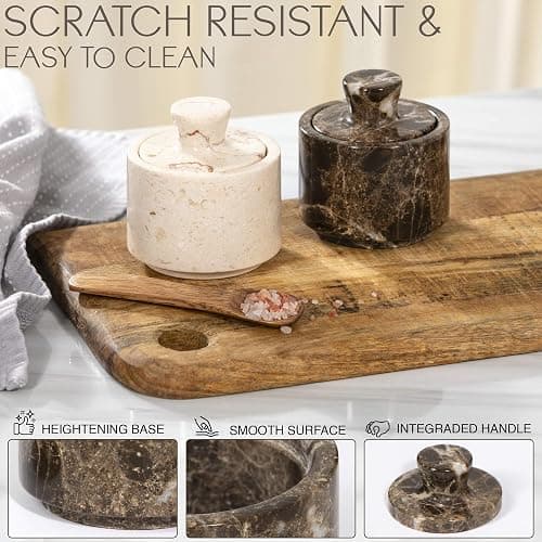 Brown Marble Salt Cellar with Lid (3.5oz) - Scratch-resistant & Easy-to-Clean Salt Containers for Countertop - Elegant & Versatile Marble Jar to Store Salt, Sugar & Dry Spices - Compact Salt Dispenser thumbnail 7