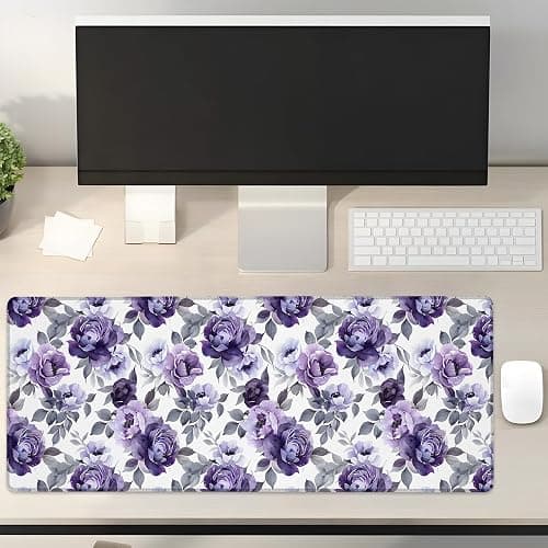 Purple Floral Mouse Pad Gifts 31.5" x 11.8", Non-Slip Rubber Base MousePads for Computers Laptop School Office Home Accessories Decor, Mouse Pad, Keyboard Desk Mat - Image 1