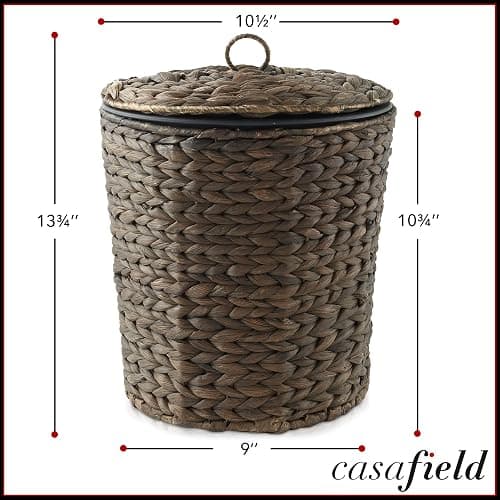Casafield Water Hyacinth Trash Can with Lid and Liner - Espresso, Woven Waste Basket for Bathroom, Bedroom, Laundry Room, Home Office thumbnail 4