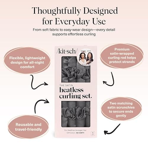 Kitsch Satin Heatless Hair Curler Set - Heatless Curls Overnight, Hair Rollers for Soft Curls & Frizz-Free Styling, No Heat Curlers To Sleep in, Curling Rod, Includes 2 Scrunchies - Charcoal thumbnail 4