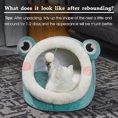 Jiupety Cute Cat Bed, Indoor Lovely Velvet Igloo for Cat and Small Dog, Warm Cave Sleeping Nest Bed for Puppy and Kitten, Green Frog, M thumbnail 5