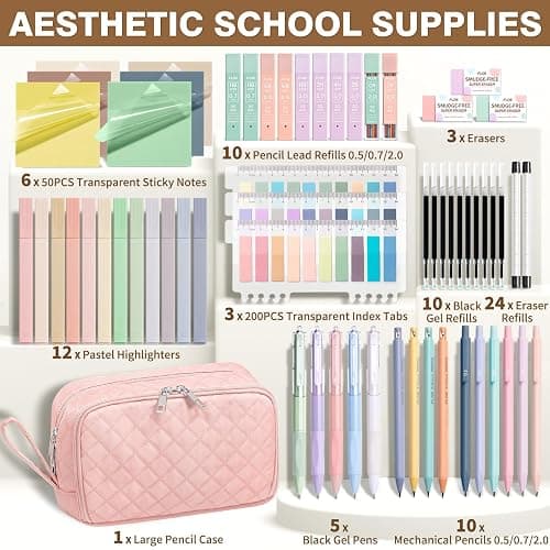 62PCS Aesthetic School Supplies with Cute Pencil Case, Pastel Highlighters Black Ink Gel Pens Mechanical Pencils Kit, Back to School Supplies College Essentials Preppy Stationary Set for Student Girls - Pink thumbnail 3