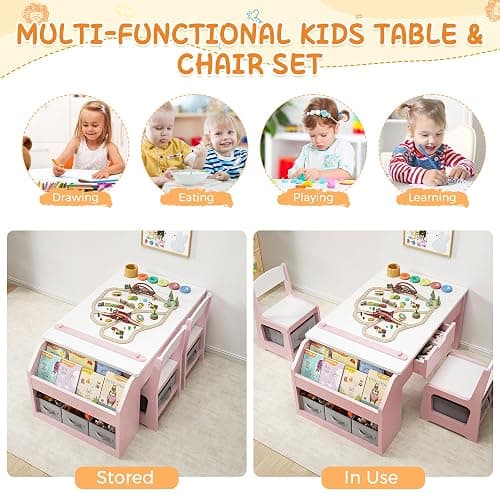5-in-1 Kids Art Table and Chairs, Wood Toddler Table and Chair Set with Storage Drawers, Craft Play Desk for Kids, Convertible Art Easel with Paper Roll Holder, Children Activity Learning Center-Pink thumbnail 7